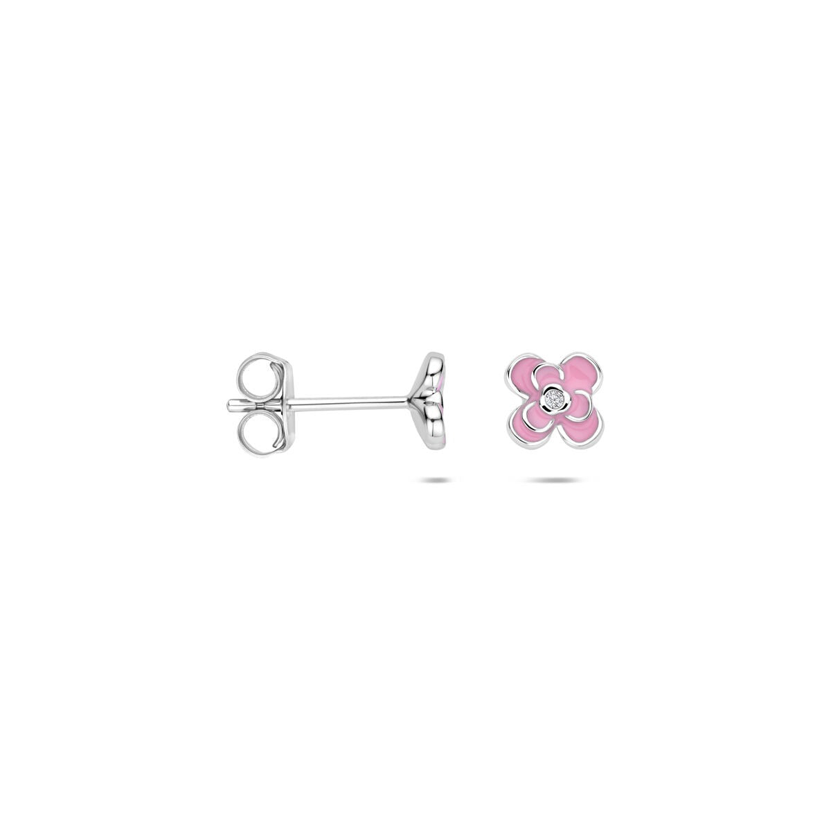 Orecchini a bottone in argento con zirconia e smalto rosa – design floreale