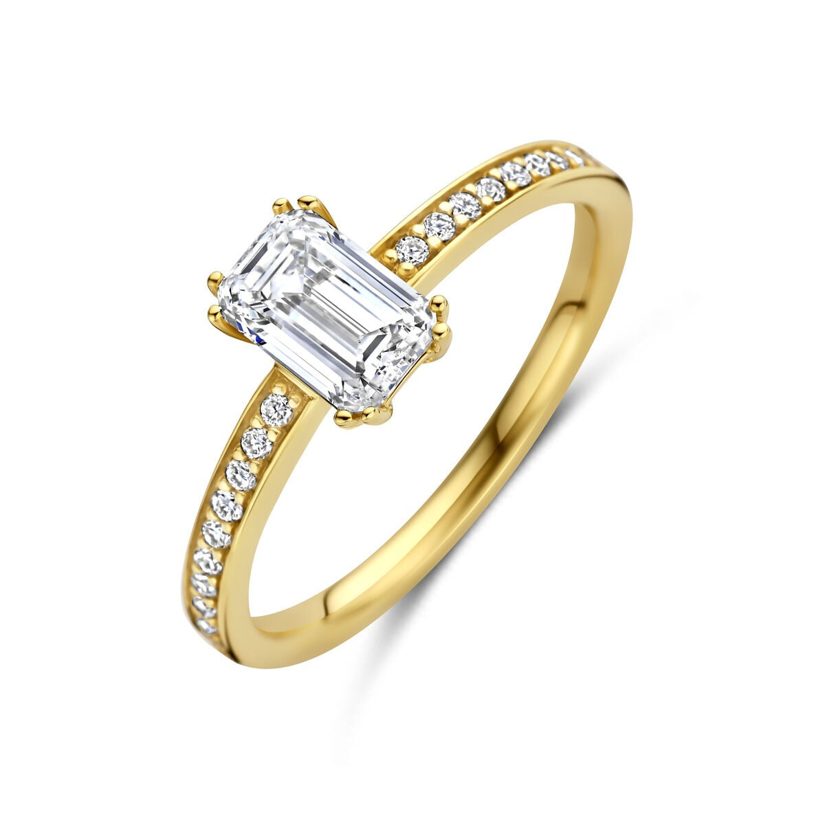 Anello da donna in oro giallo 14k con diamante lab-grown e pietre brillanti.
