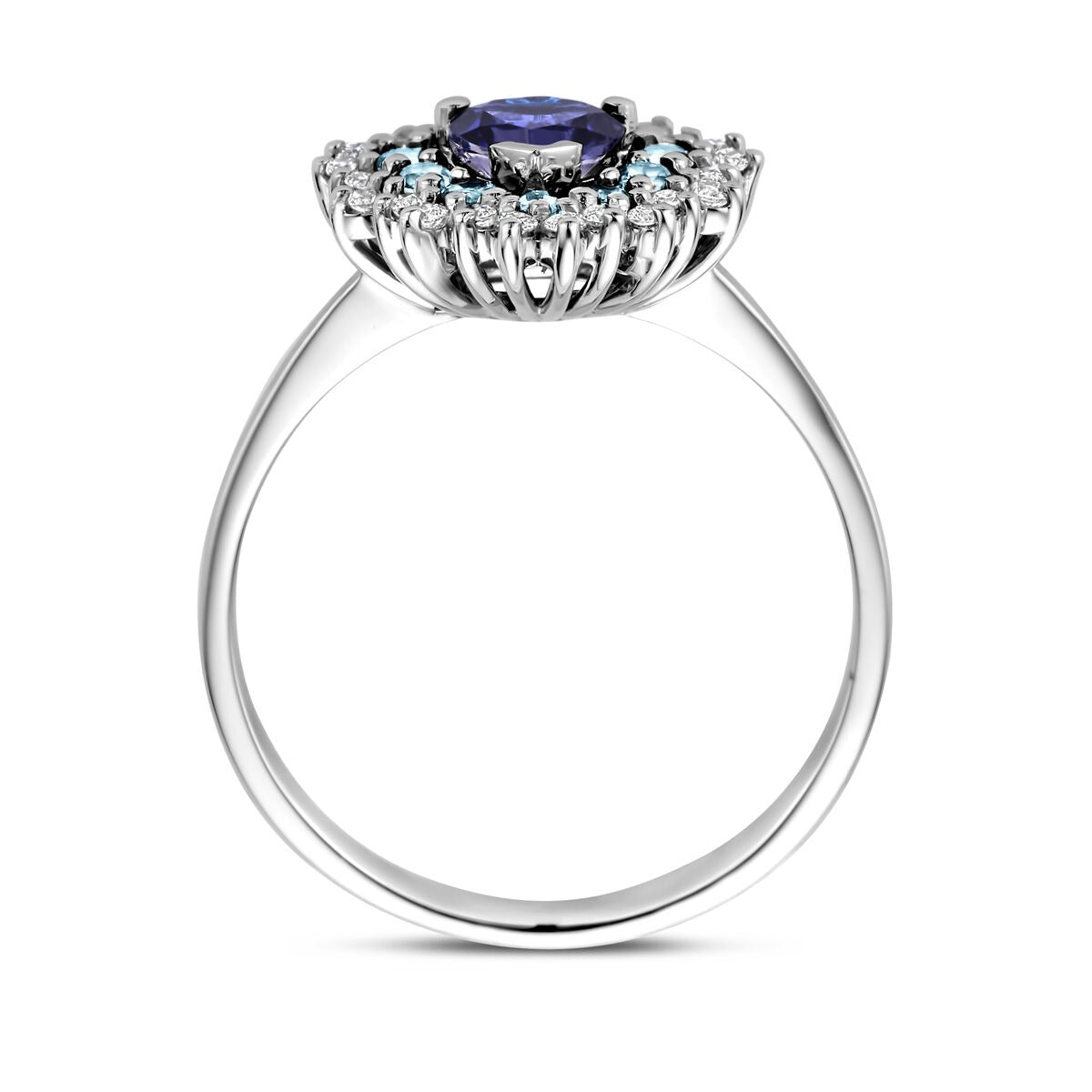 Anello in oro bianco a forma di cuore – Topazio london blue, ioliti e diamante