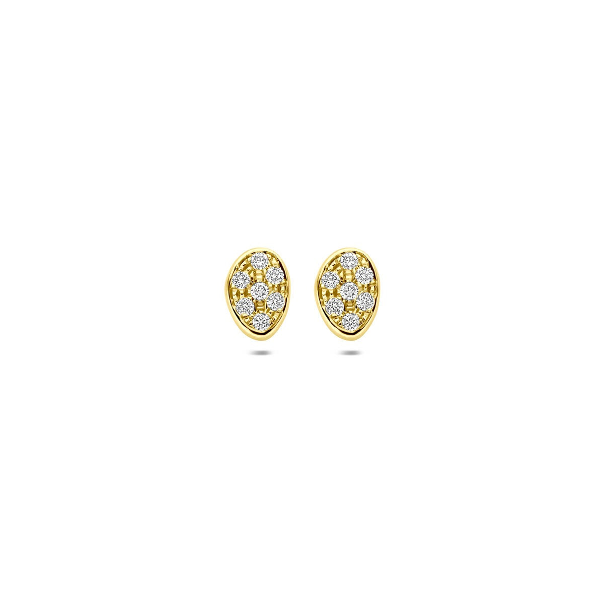 Orecchini in oro giallo 14k con diamanti incastonati a pavé, forma ovale.