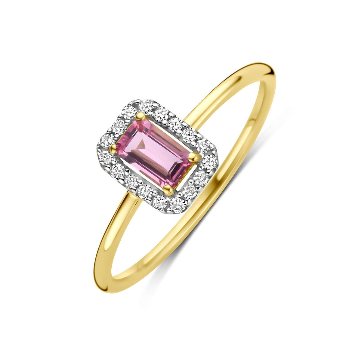 Anello da donna in oro giallo 14k con tormalina rosa e diamanti, design rettangolare.