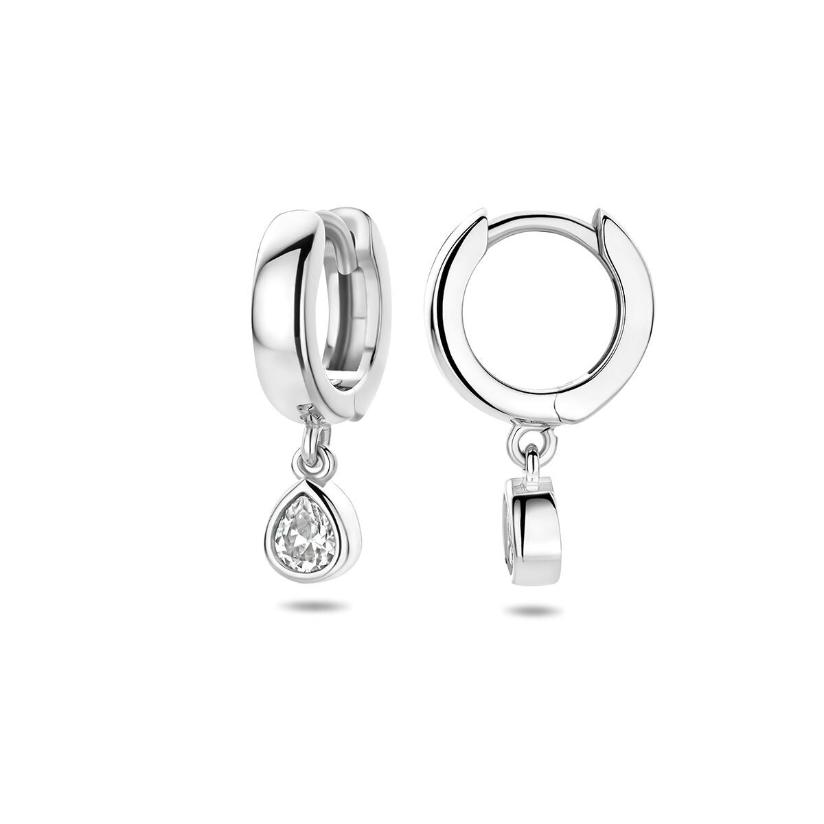 Orecchini a cerchio in argento 925 rodiato con zirconia a forma di pera