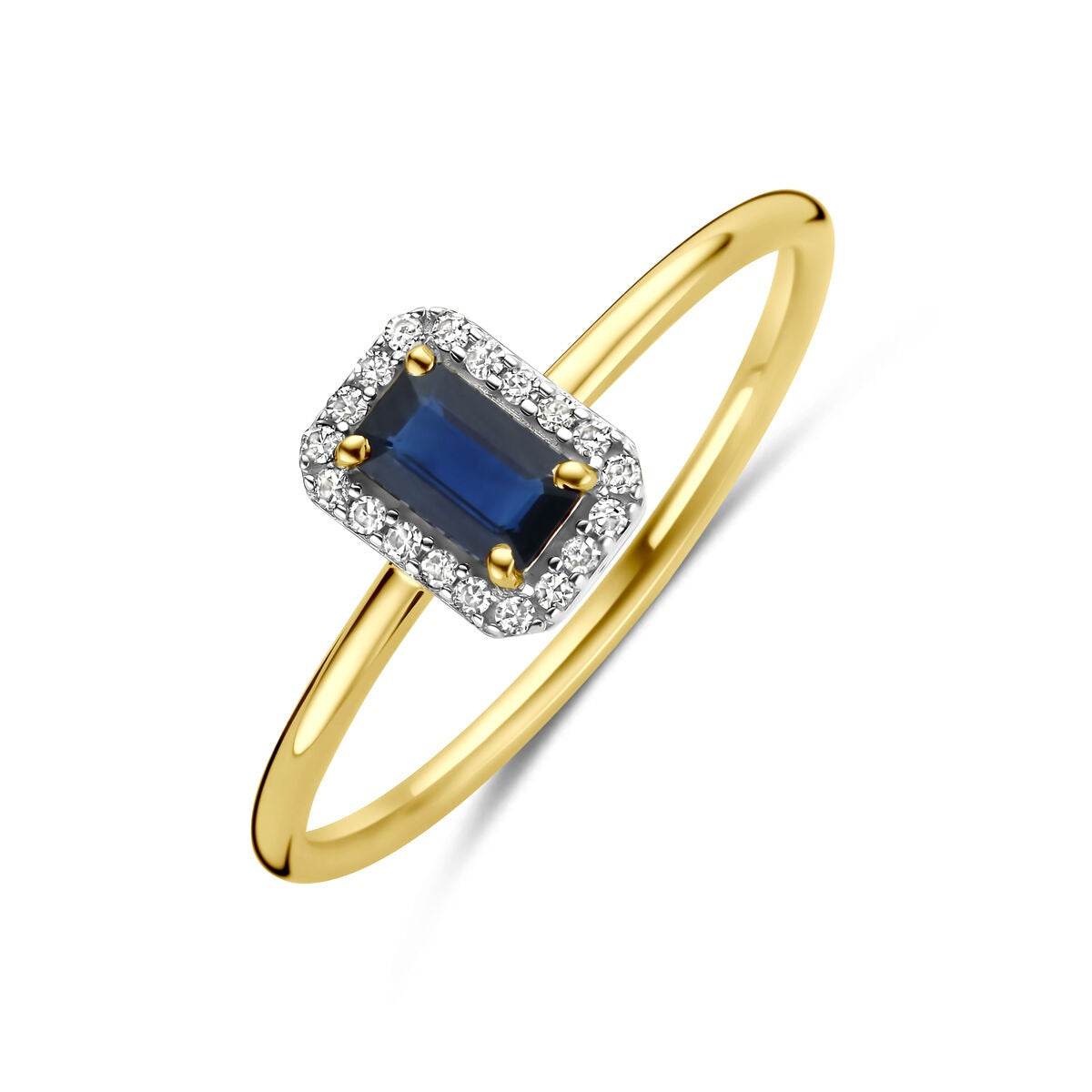 Anello in oro giallo 14k con zaffiro rettangolare e diamanti incastonati.
