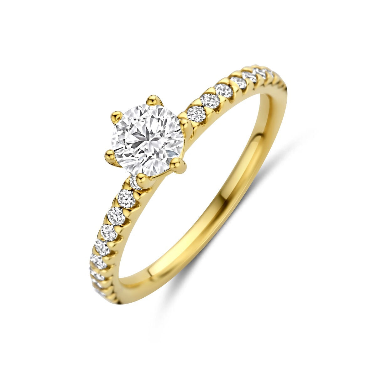 Anello da donna in oro giallo 14k con diamante lab-grown e pietre brillanti lungo la fascia.