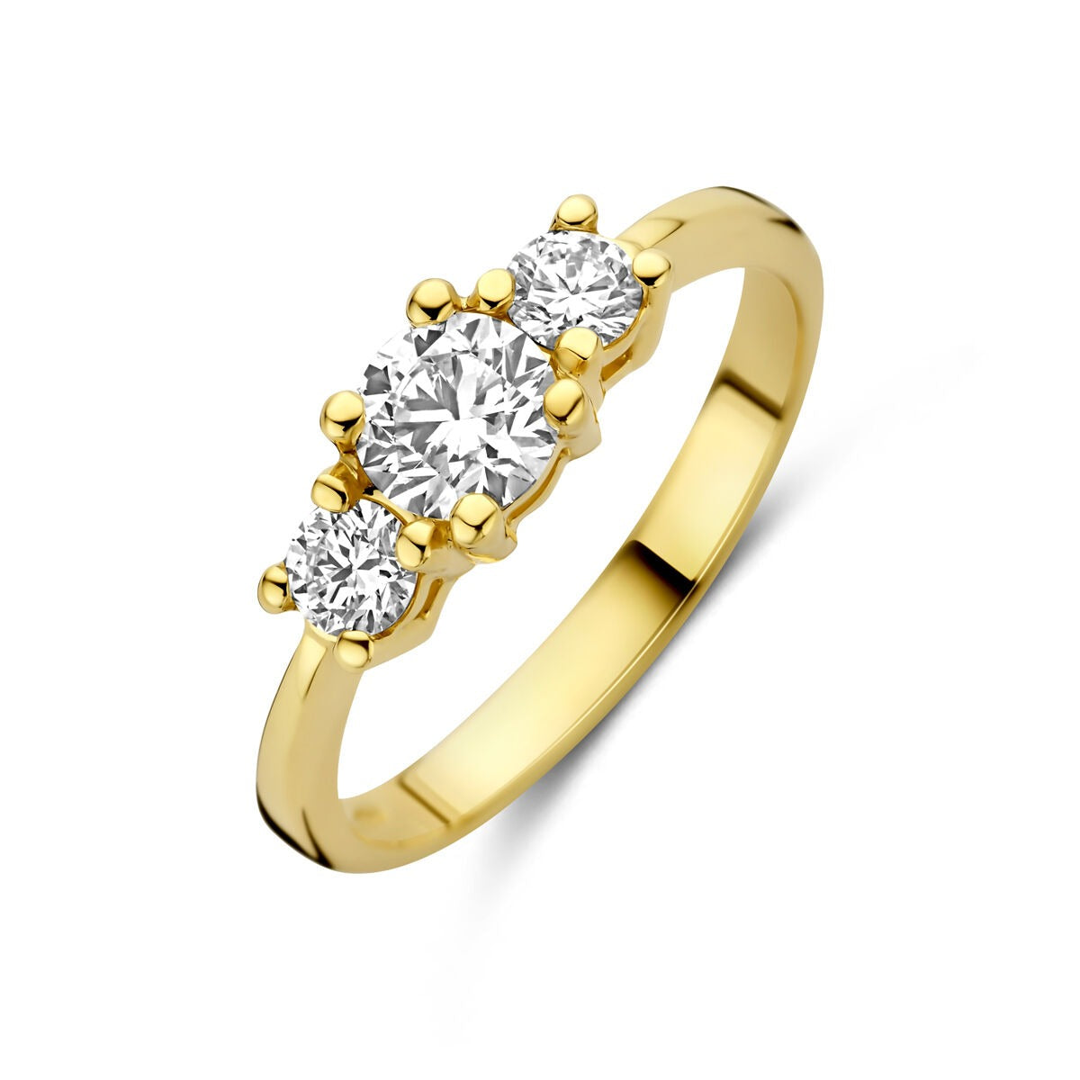 Anello in oro giallo 14k con diamanti lab-grown, tre pietre rotonde incastonate.