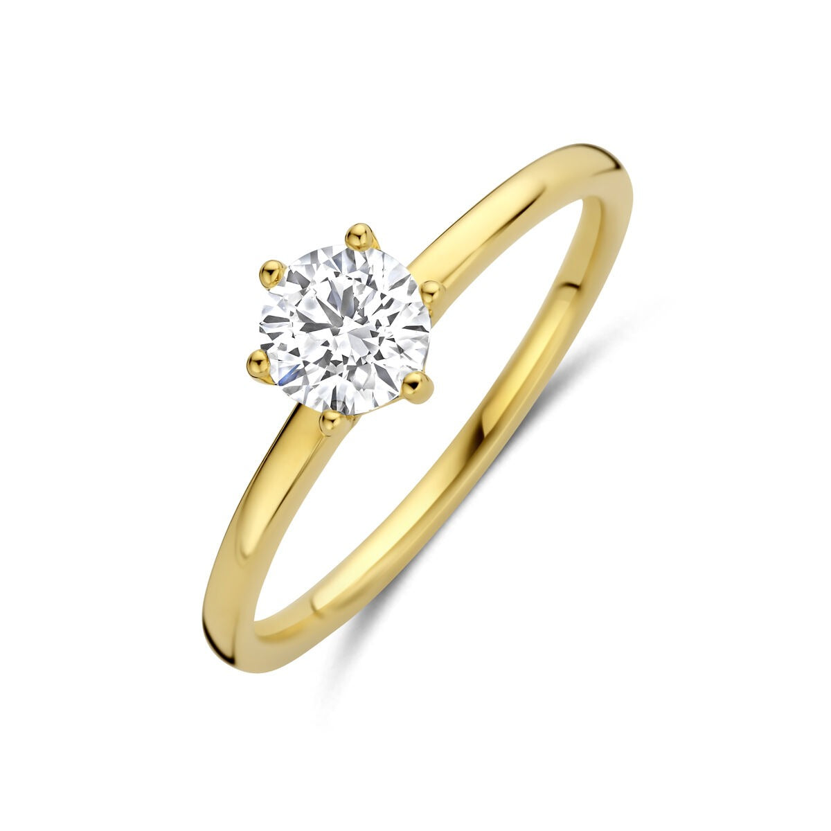 Anello da donna in oro giallo 14k con diamante lab grown, design semplice e brillante.