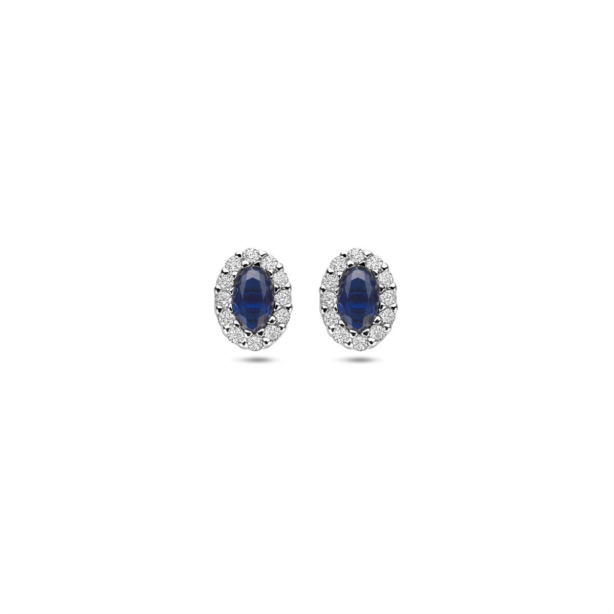 Orecchini in argento rodiato con zaffiro ovale e zirconi.
