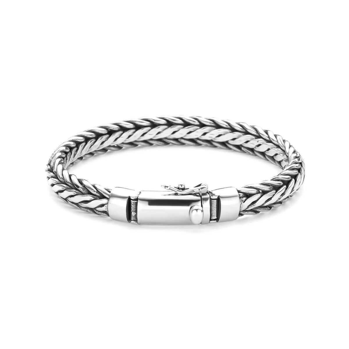 Geoxideerde zilveren heren armband met vossestaartschakels van 9 mm en een stevige sluiting.
