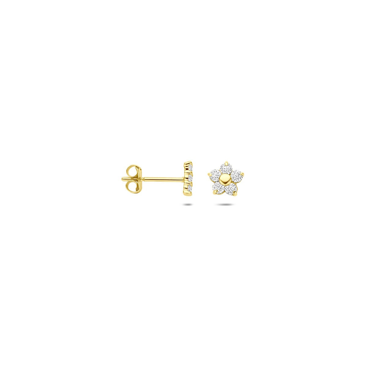 Orecchini a bottone fiore in oro con zircone – 14k
