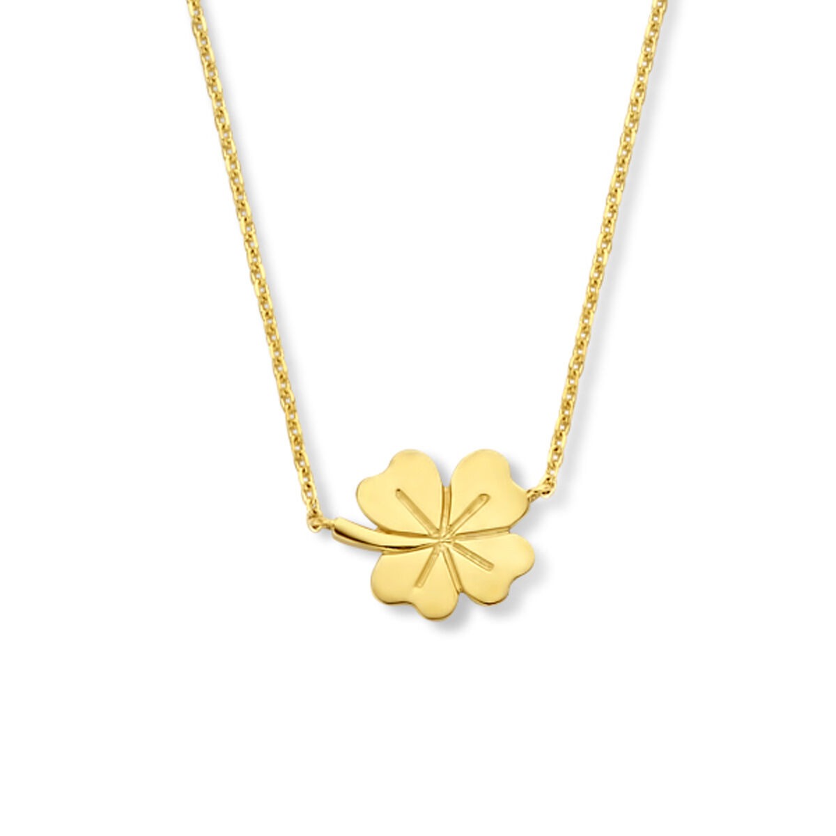 Geelgouden ketting met een klaverhanger, voorzien van een gladde afwerking en een fijne schakel.
