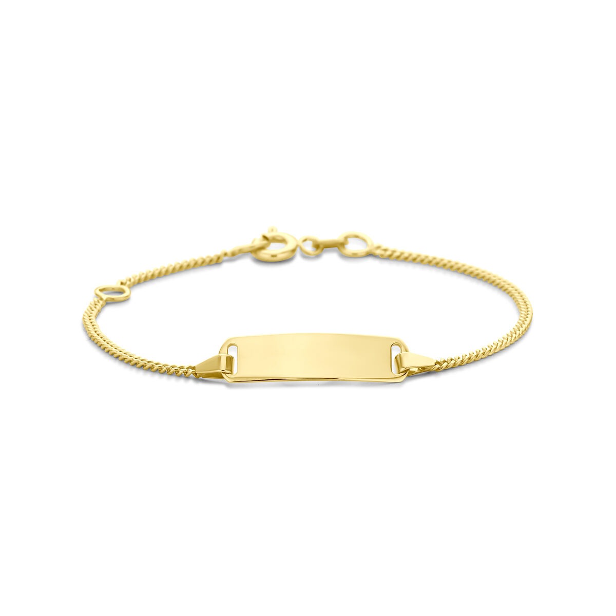 Bracciale in oro giallo 14k con placca liscia per incisione e catena a corda.