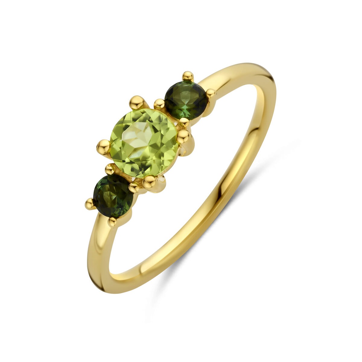 Anello in oro giallo 14k con peridoto centrale e due toermalijn.