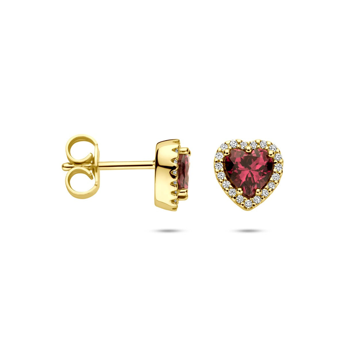 Orecchini a bottone in oro giallo 14k con cuoricino di rodolite e diamante – 0.10ct