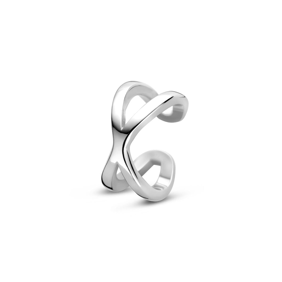 Ear cuff in argento 925, finitura rodiata, con design intrecciato e forme fluide.