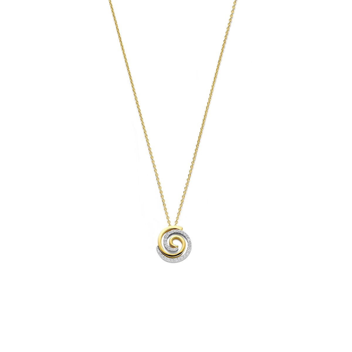 Collana bicolore in oro 14k con pendente a spirale e diamante.