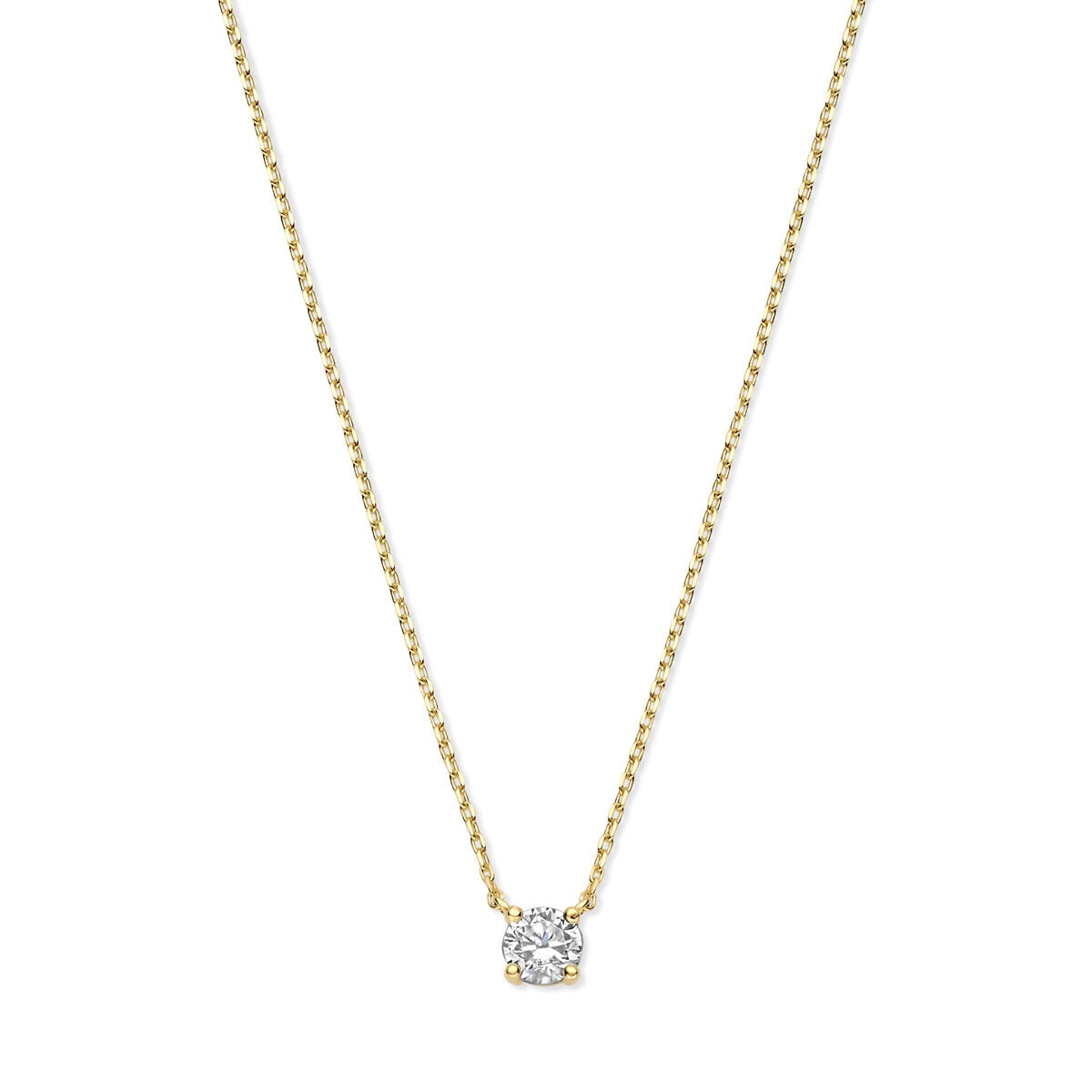 Geelgouden ketting van 9 karaat met een enkele zirkonia in een vierkante zetting.