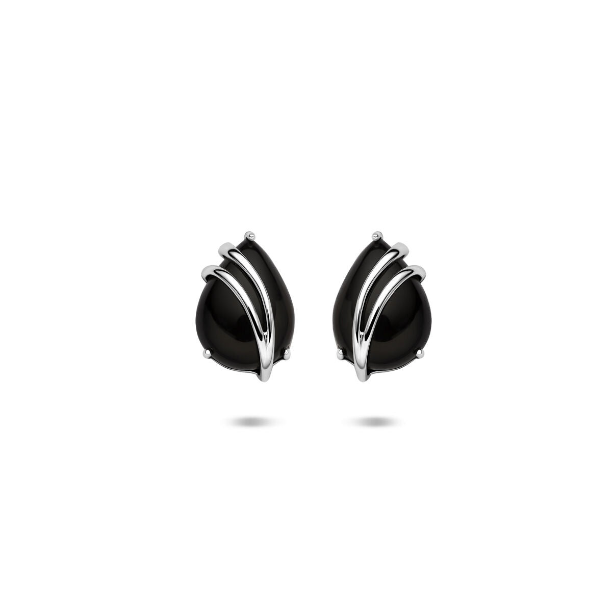 Orecchini in argento rodiato 925 con onice, forma a goccia e dettagli ondulati.