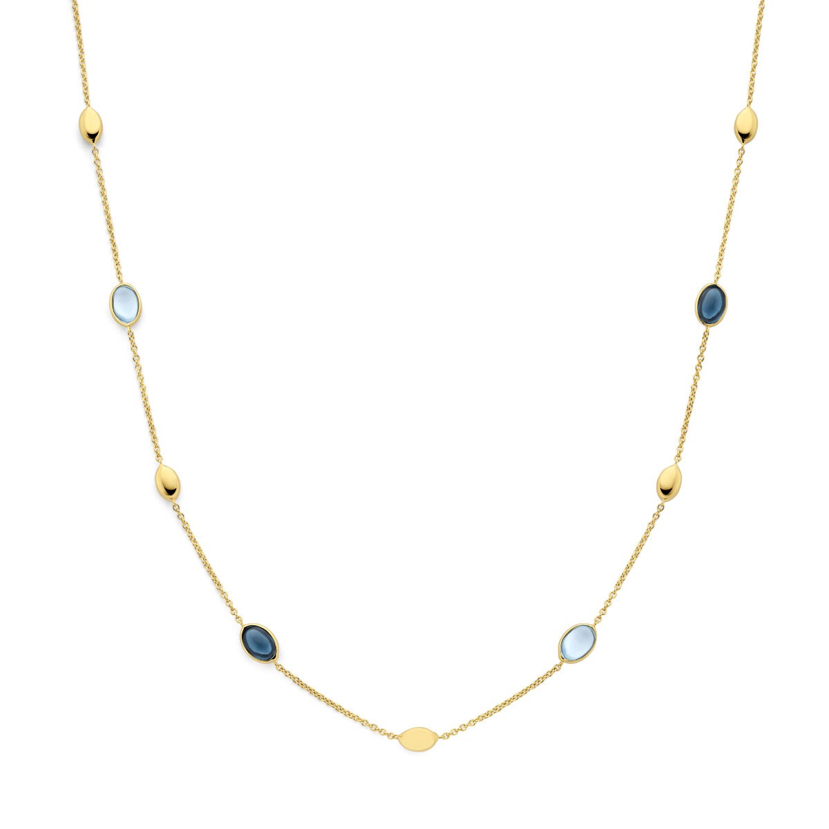 Gouden ketting van 14k geelgoud met afwisselend blauwe en lichtblauwe topazen.