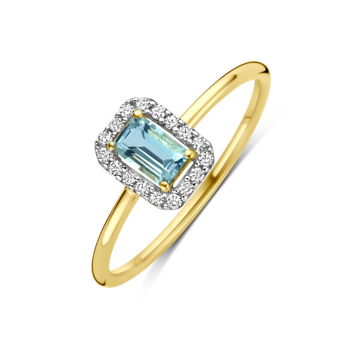 Anello da donna in oro giallo 14k con acquamarina rettangolare e diamanti.