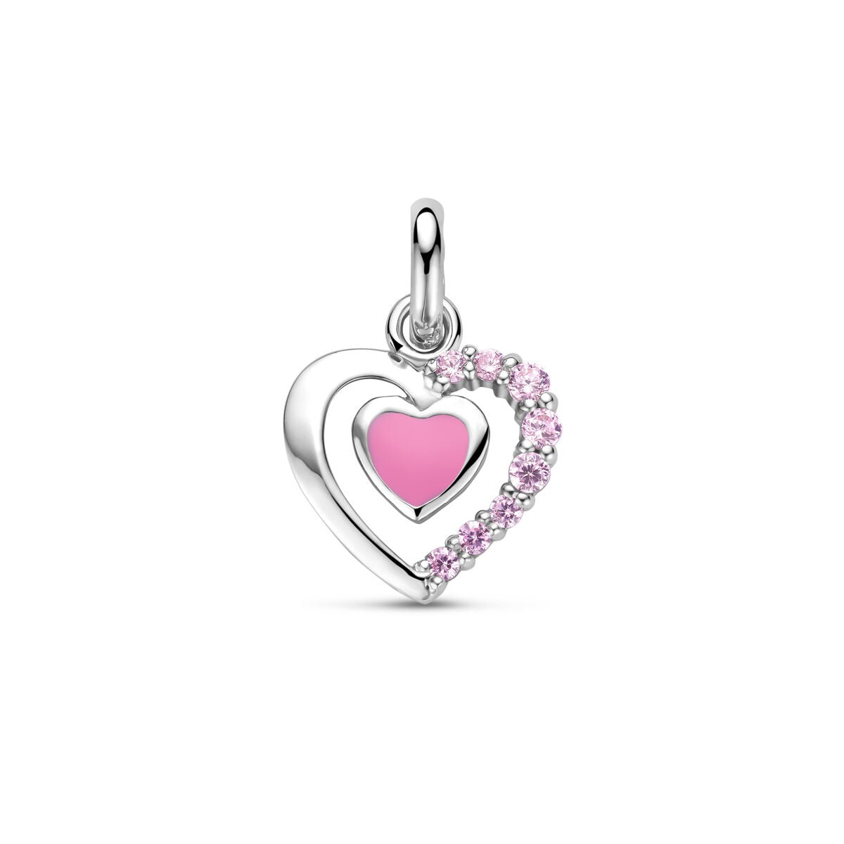 Ciondolo d'argento a forma di cuore con smalto rosa e zirconi.