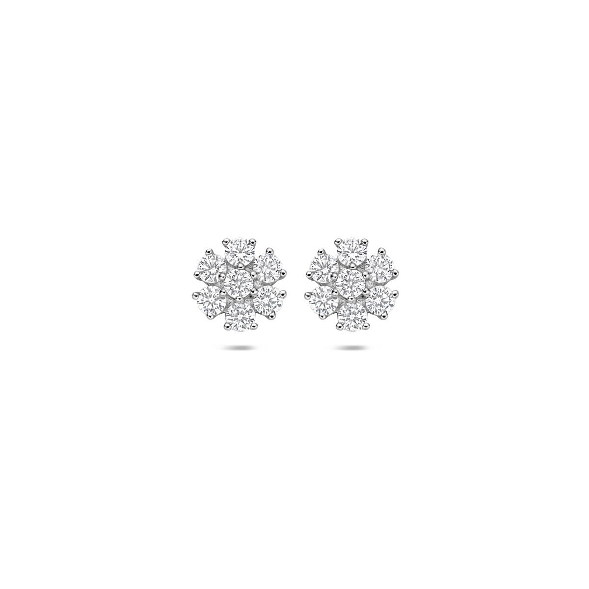 Orecchini a bottone in argento rodiato 925 a forma di fiore con zirconi.