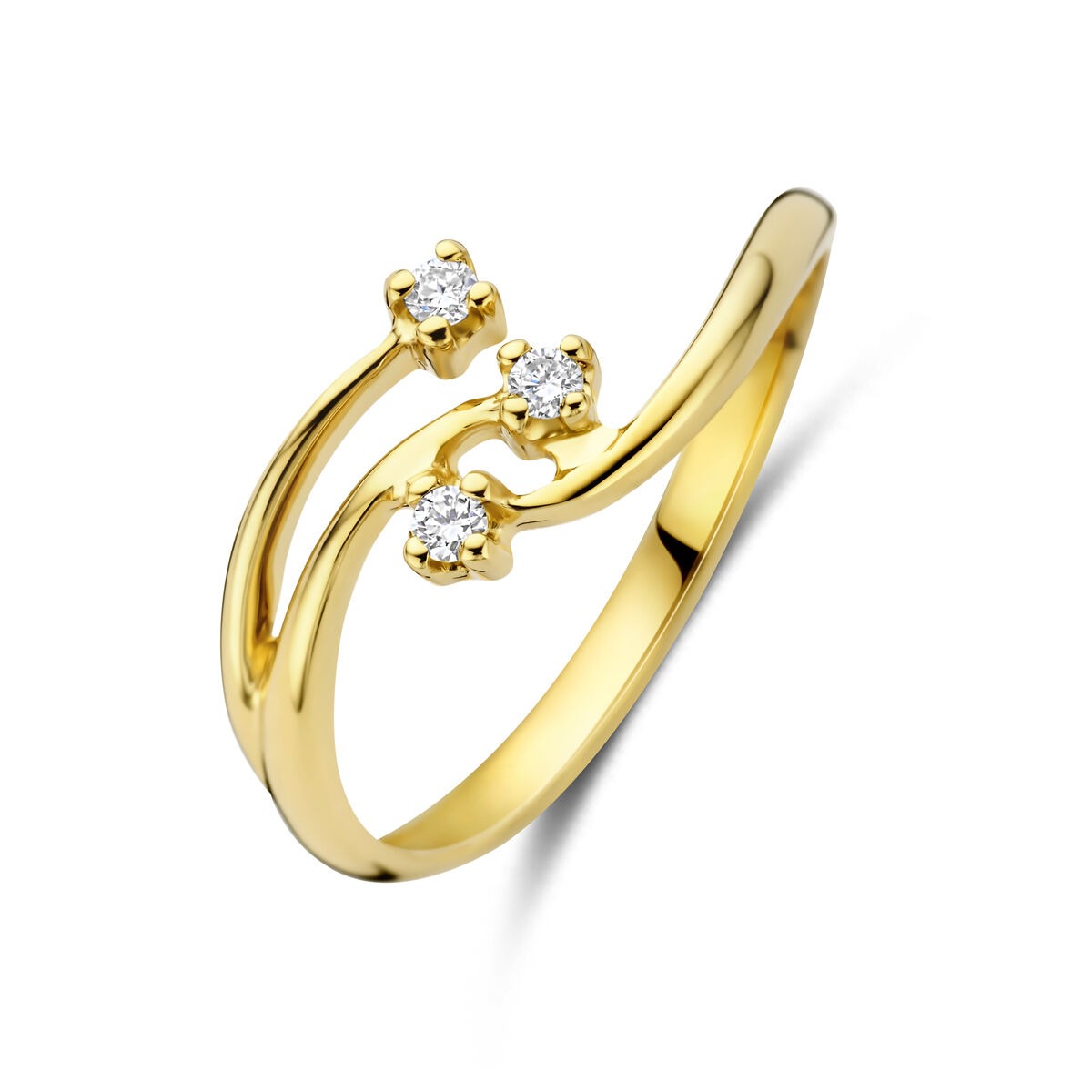 Anello in oro giallo 14k con diamanti lab-grown, design ondulato con tre pietre.