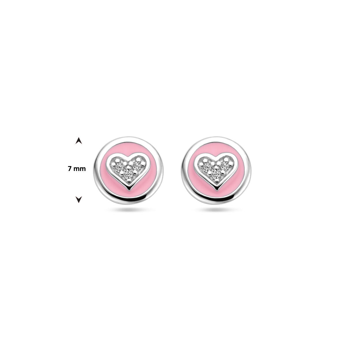Orecchini a bottone per bambini in argento con smalto rosa e cuoricino di zircone