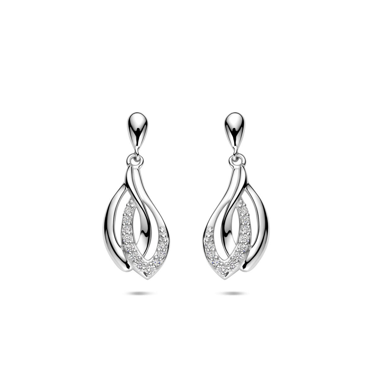 Orecchini in argento rodiato 925 con zircone, design a foglia con dettagli lucidi.