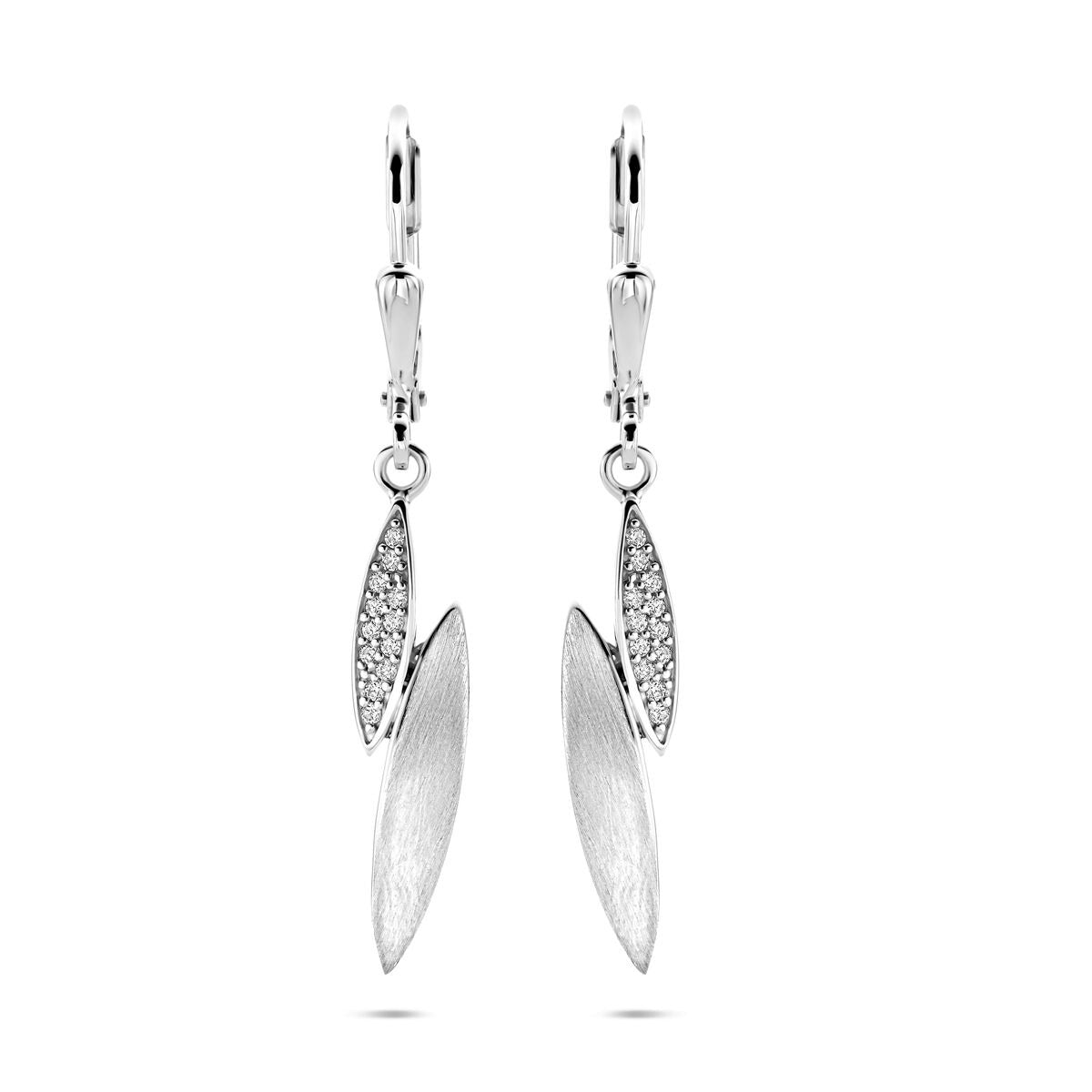 Orecchini in argento rodiato con zircone, forma a goccia con finitura lucida e opaca.