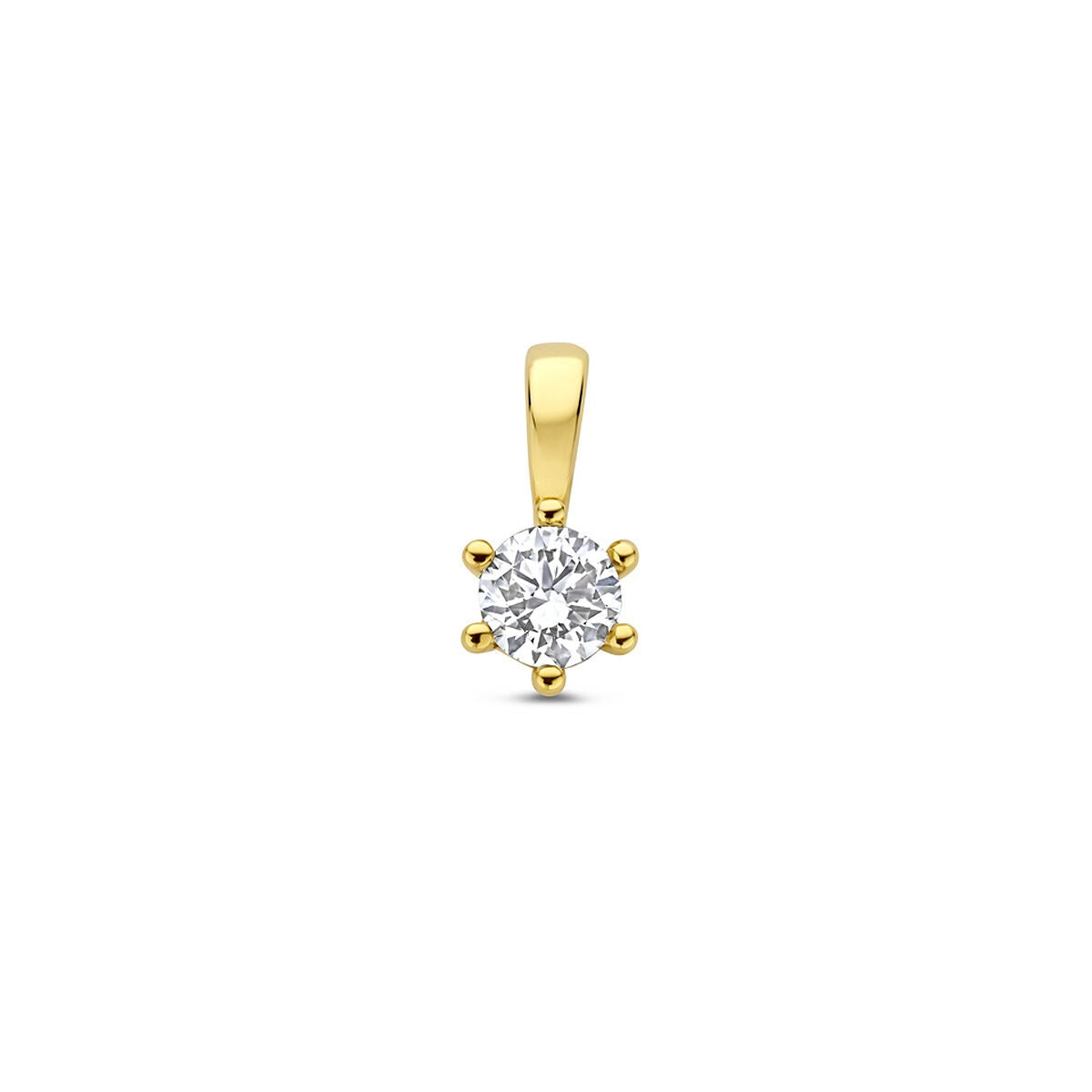 Ciondolo in oro giallo 14k con diamante lab grown, forma rotonda e montatura a sei griffe.