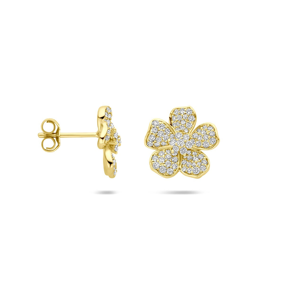 Orecchini a bottone in oro giallo 14k con diamante – forma di fiore, 0,70 ct