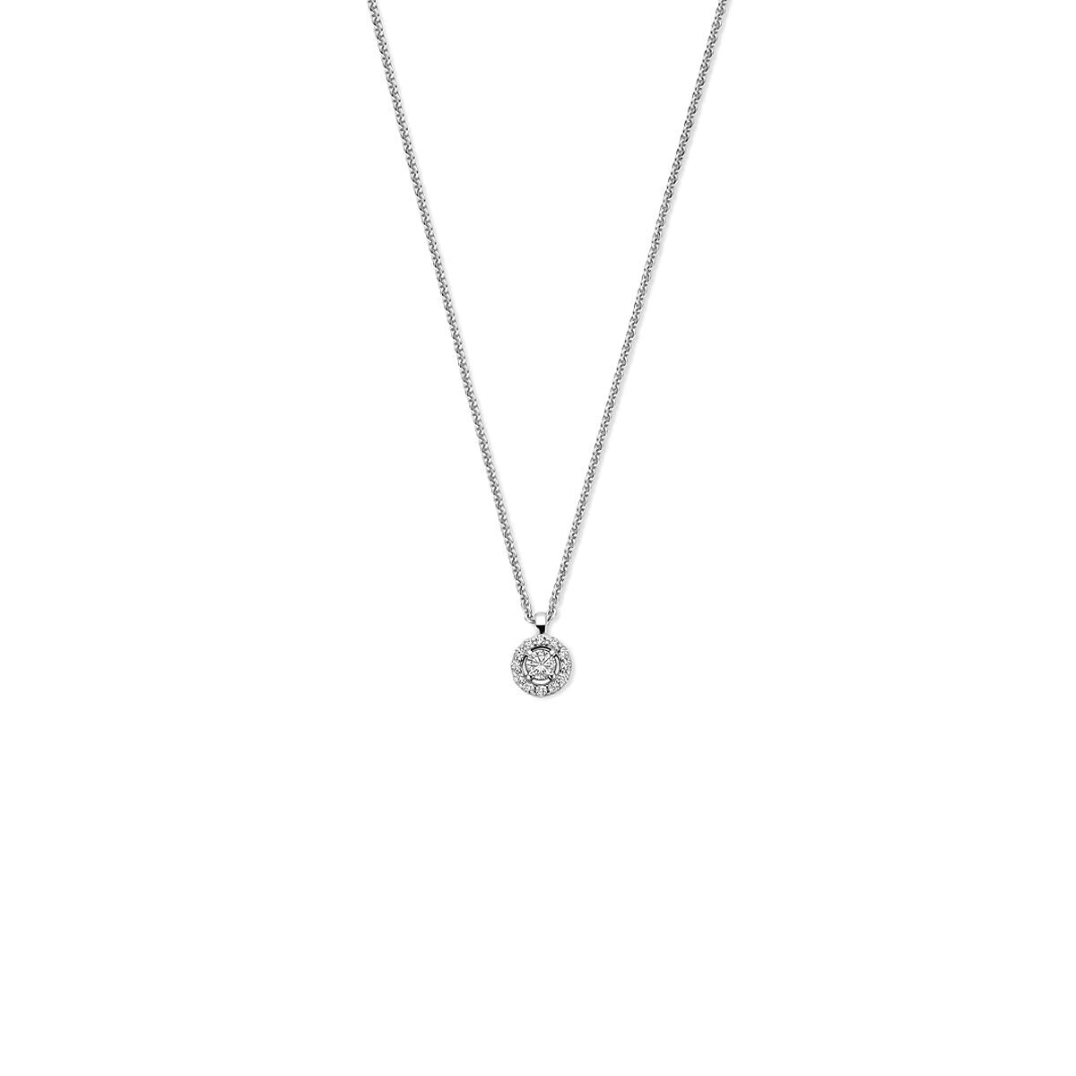Zilveren collier van gerhodineerd 925 zilver met een ronde zirkonia hanger.
