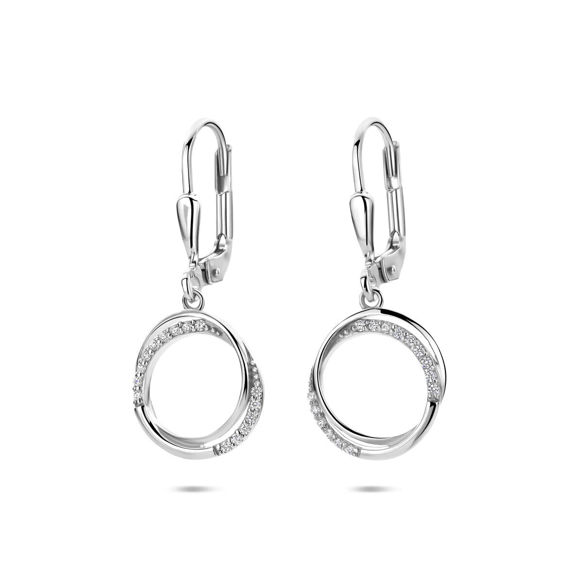 Orecchini in argento rodiato con zirconi, forma circolare con dettagli scintillanti.