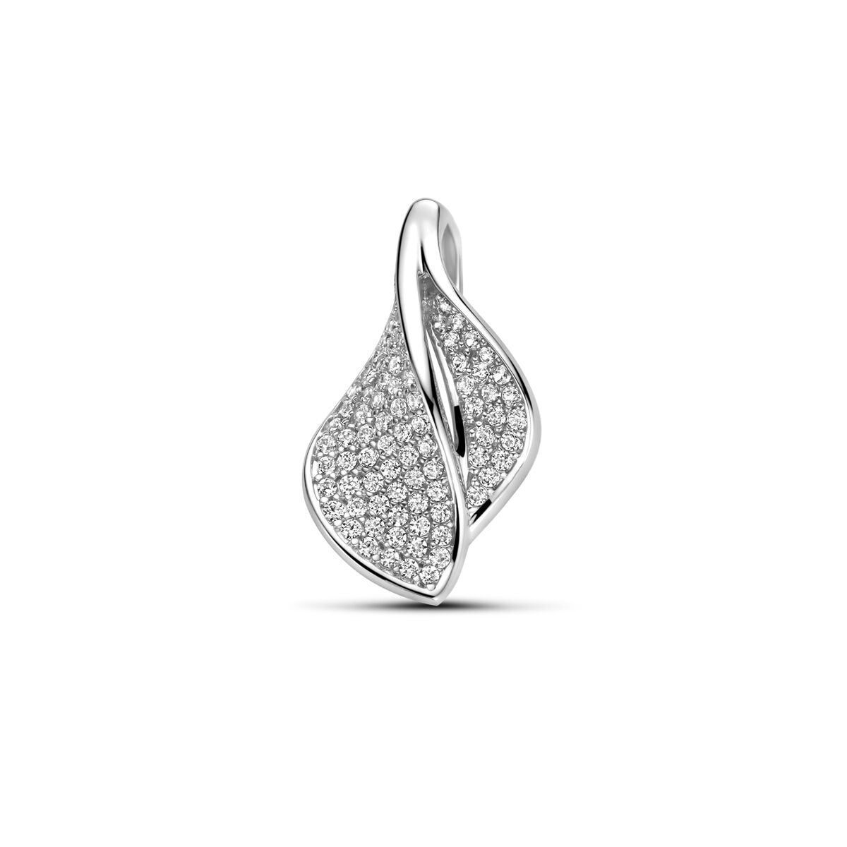 Ciondolo in argento 925 rodiato con zircone, forma a foglia con dettagli scintillanti.