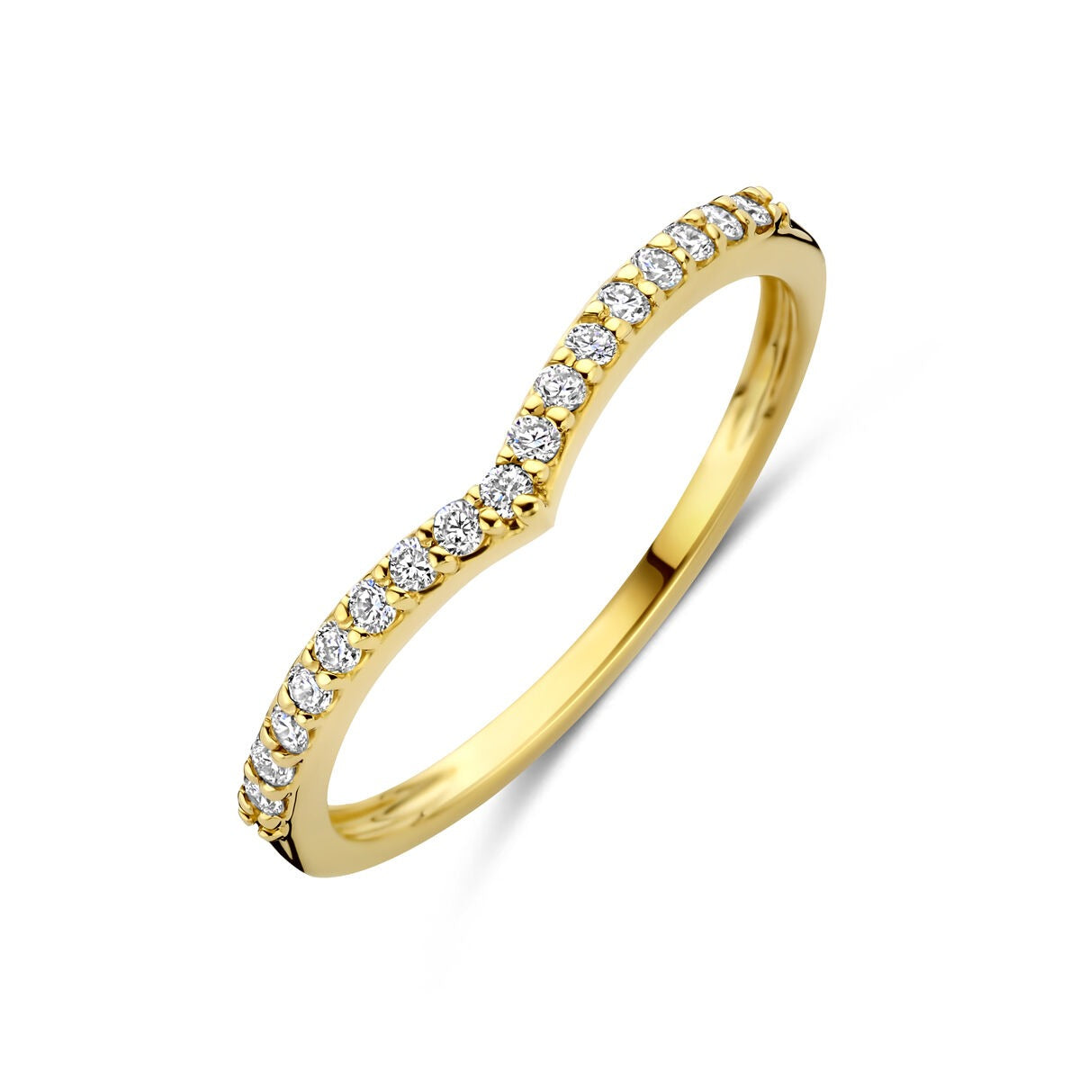 Anello in oro giallo 14k con diamanti lab-grown, design ondulato e dettagli brillanti.
