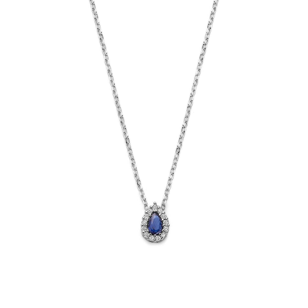 Collana in argento rodiato 925 con zaffiro a goccia e zirconi.