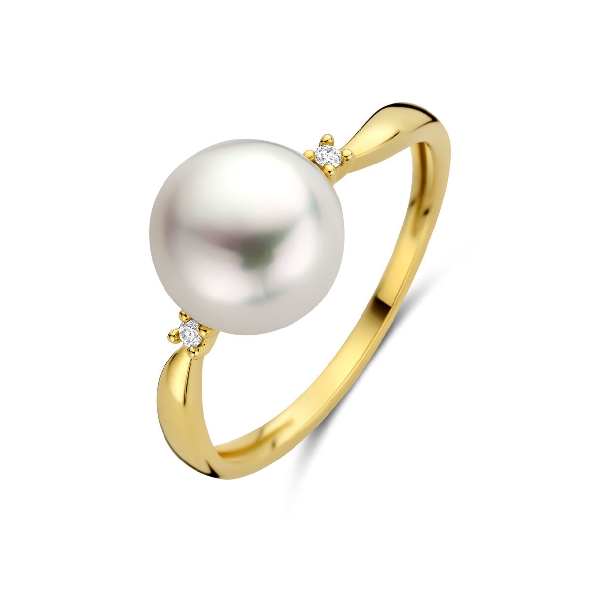 Anello da donna in oro giallo 14k con perla e diamanti.