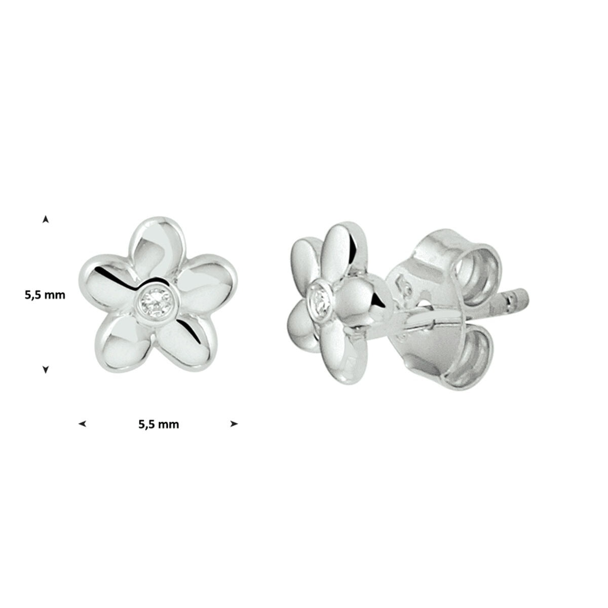 Orecchini a bottone in argento fiore con zircone trasparente – rodiati
