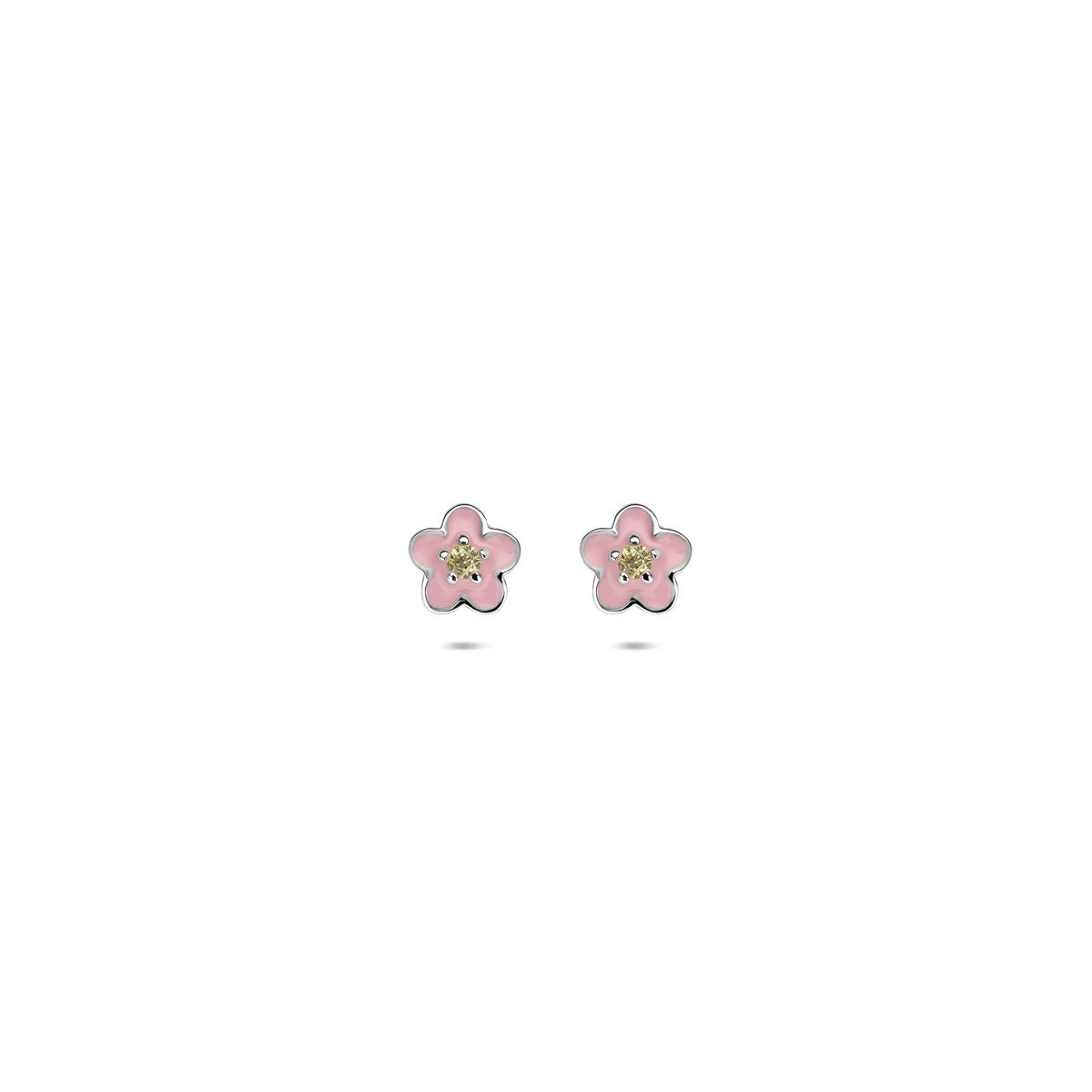 Orecchini in argento con fiore smaltato rosa e zircone giallo, diametro 5 mm.