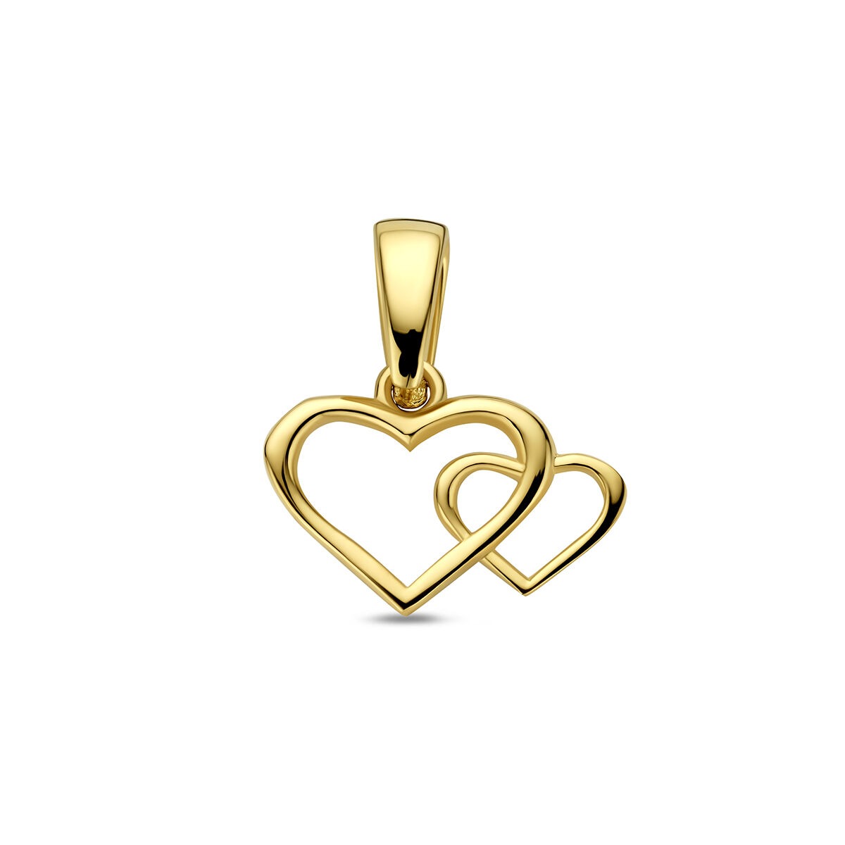 Ciondolo in oro giallo 14k con due cuori sovrapposti.