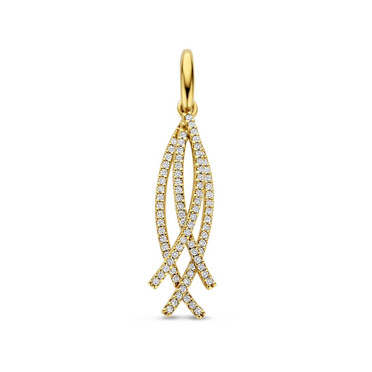 Ciondolo in oro giallo 14k con diamanti, design a spirale con dettagli scintillanti.