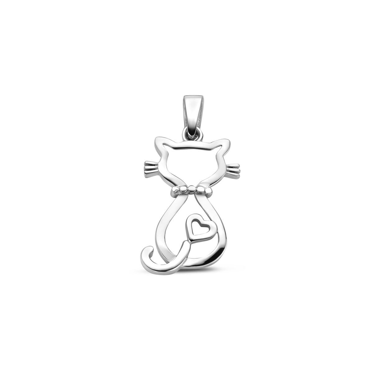 Ciondolo per bambini in argento 925 rodiato a forma di gatto con cuore.