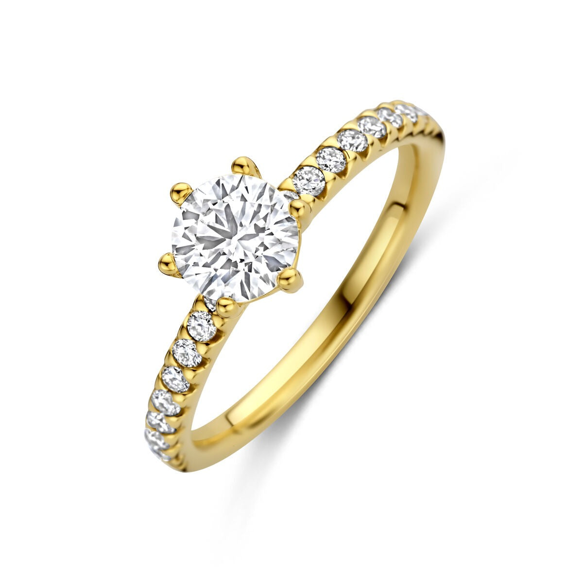 Anello da donna in oro giallo 14k con diamante lab-grown centrale e pietre scintillanti lungo la fascia.