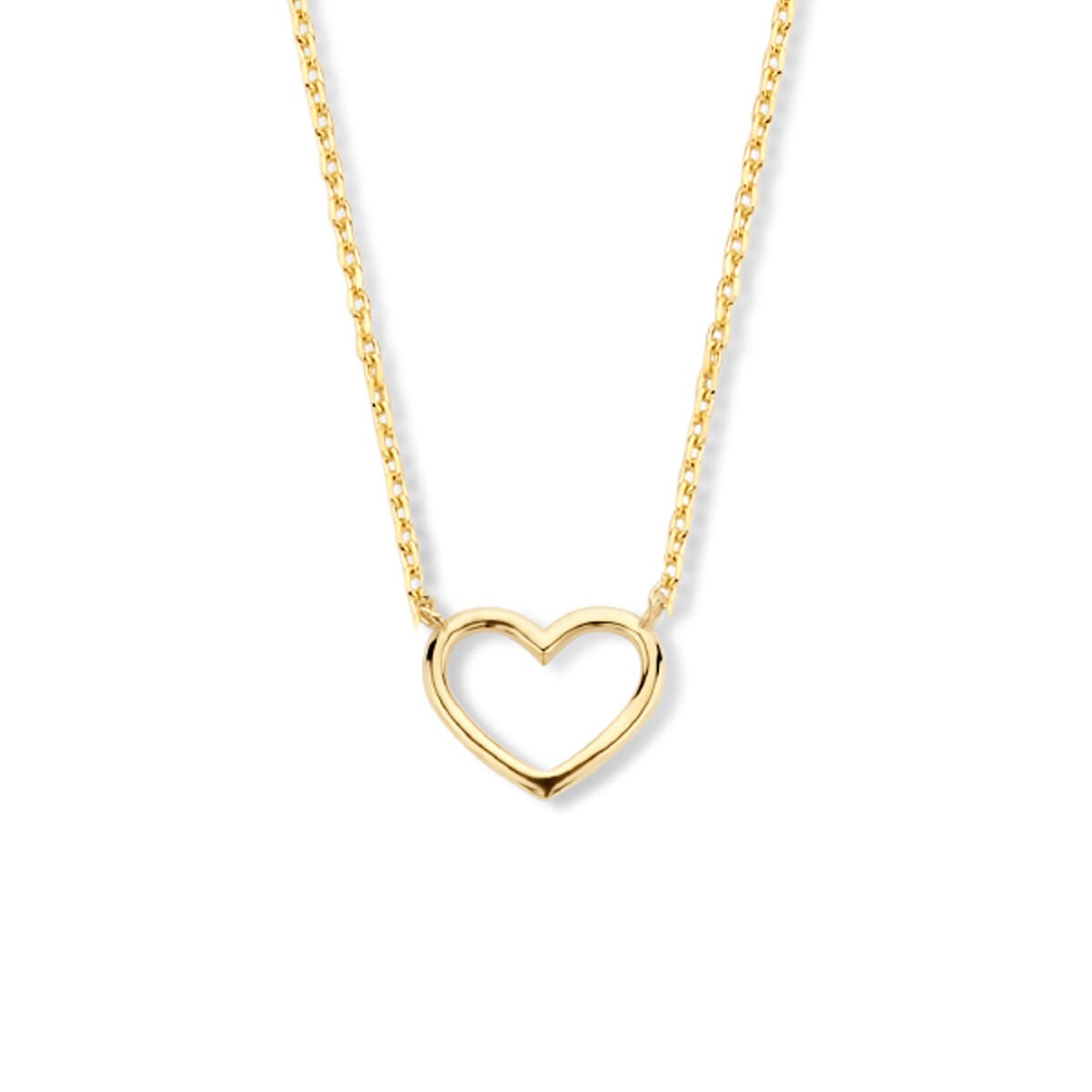Geelgoudkleurige ketting met een open hartje, vervaardigd uit 9k goud.