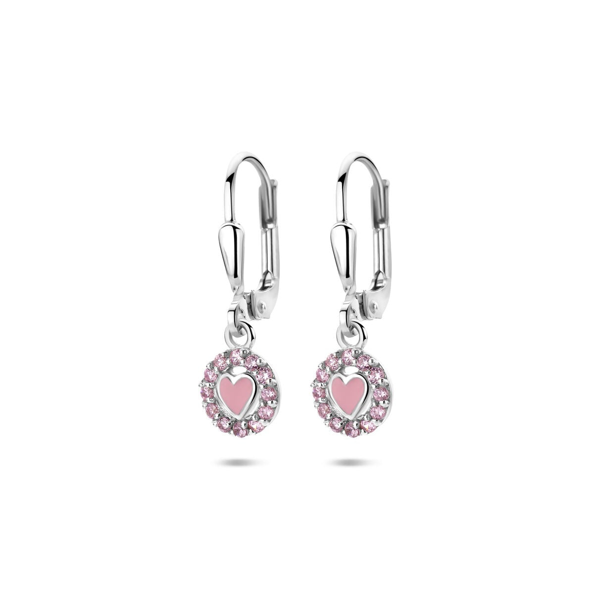 Orecchini argentati con cuore in smalto rosa e zirconi rosa, diametro 21 mm.