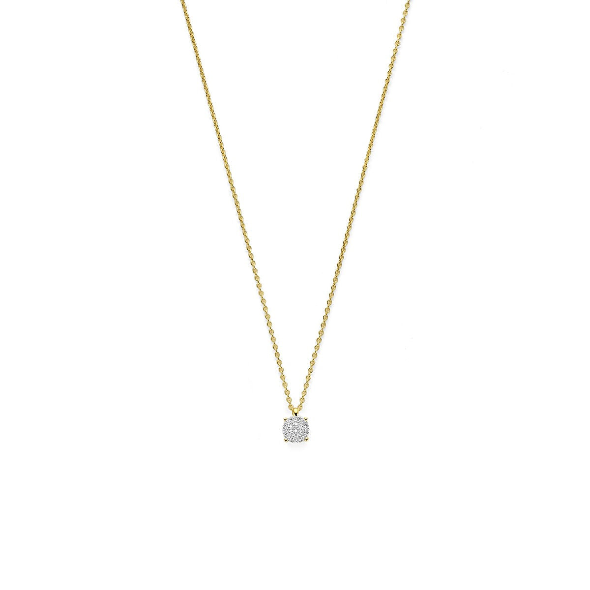Collana bicolore in oro 14k con ciondolo quadrato decorato con diamanti.