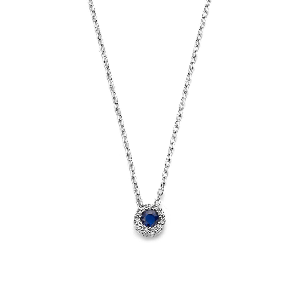 Collana in argento rodiato con zaffiro e zirconi.