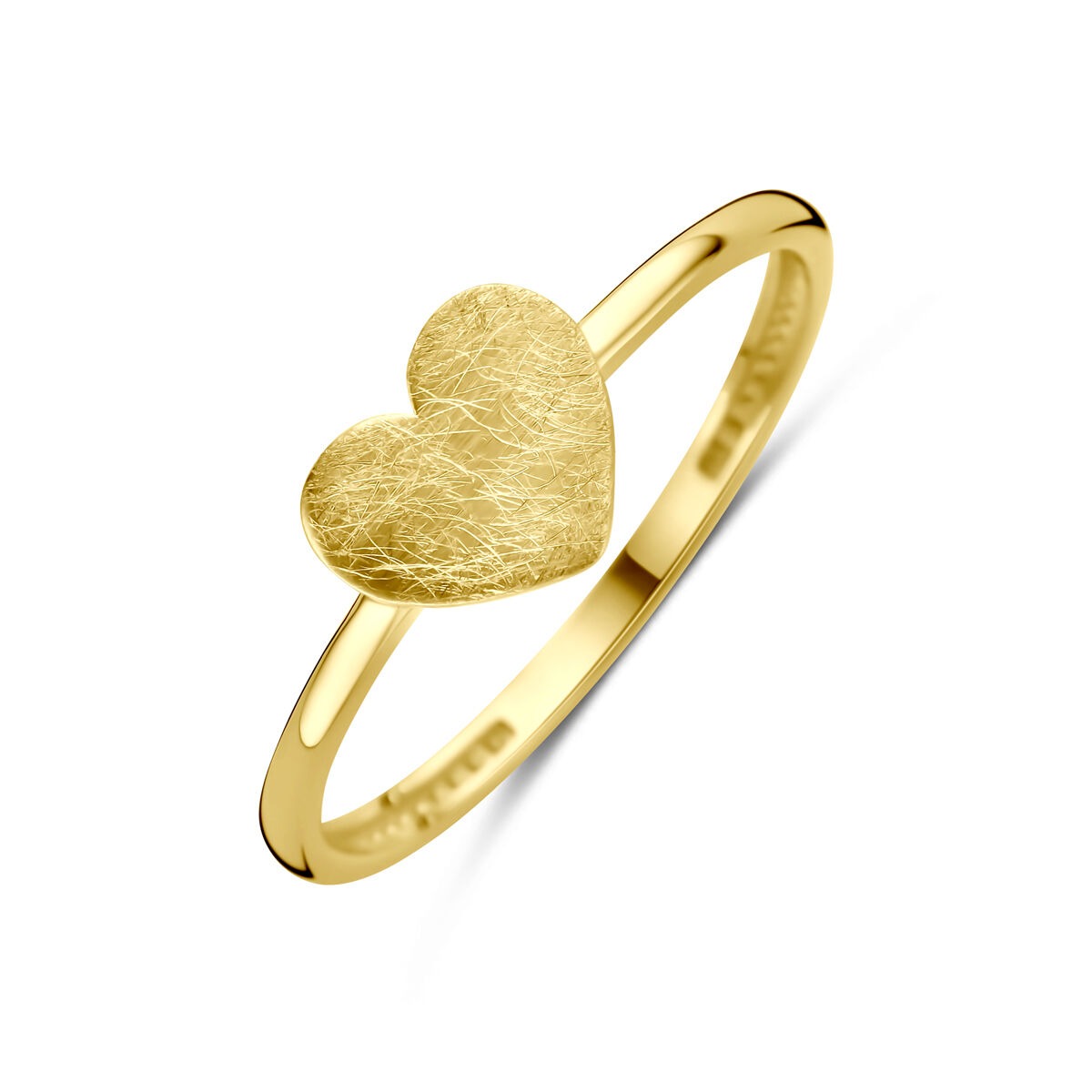 anello in oro giallo 14k con cuore opaco sopra la fascia sottile