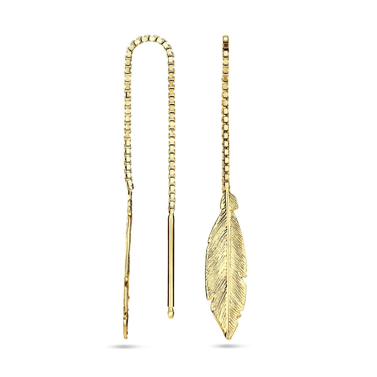 Orecchini a catenina passante color oro con piuma – rodiati 925