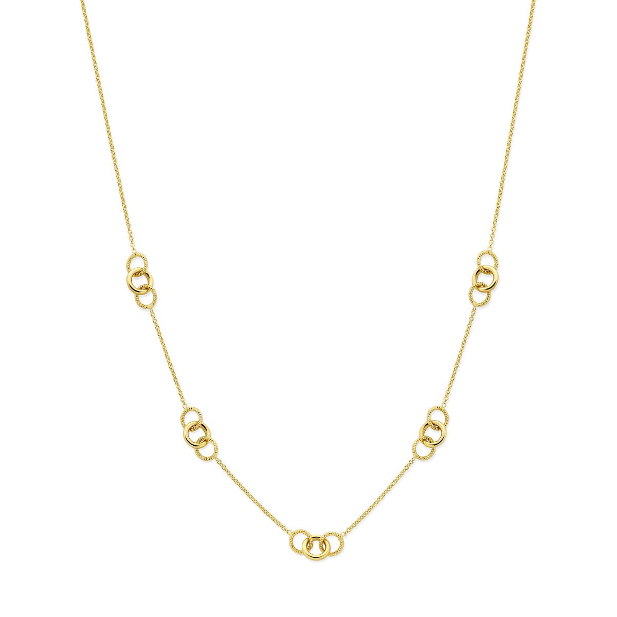Gouden dames ketting van 14k geelgoud met ronde schakels in een speelse opstelling.